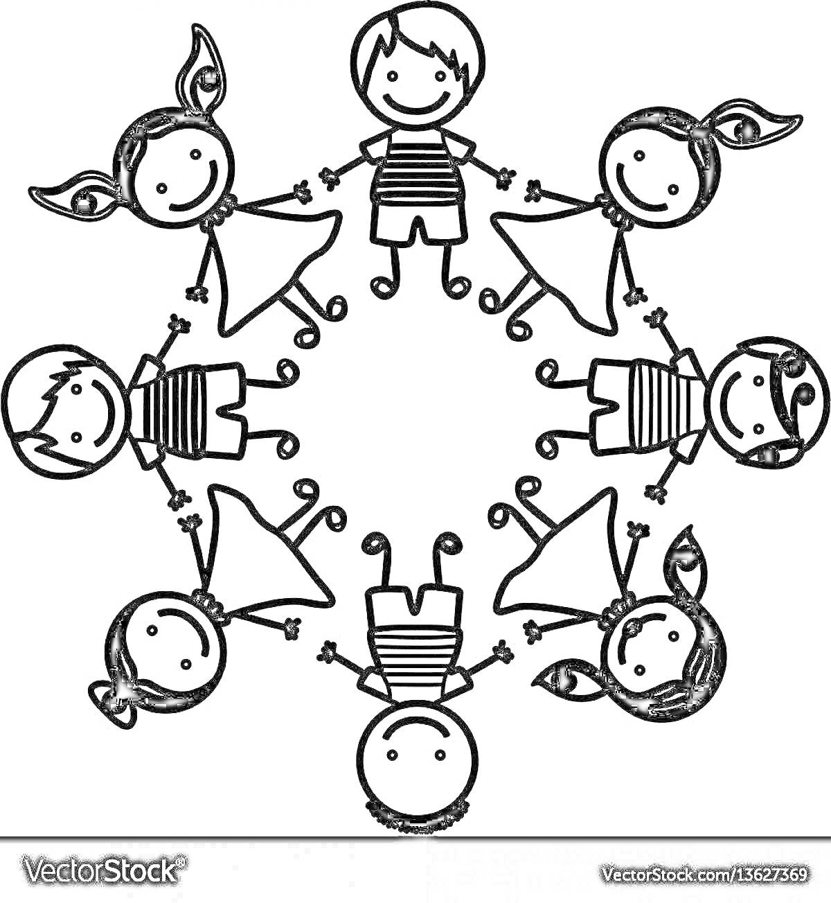 Раскраска Дети в хороводе, держащиеся за руки, мальчики и девочки