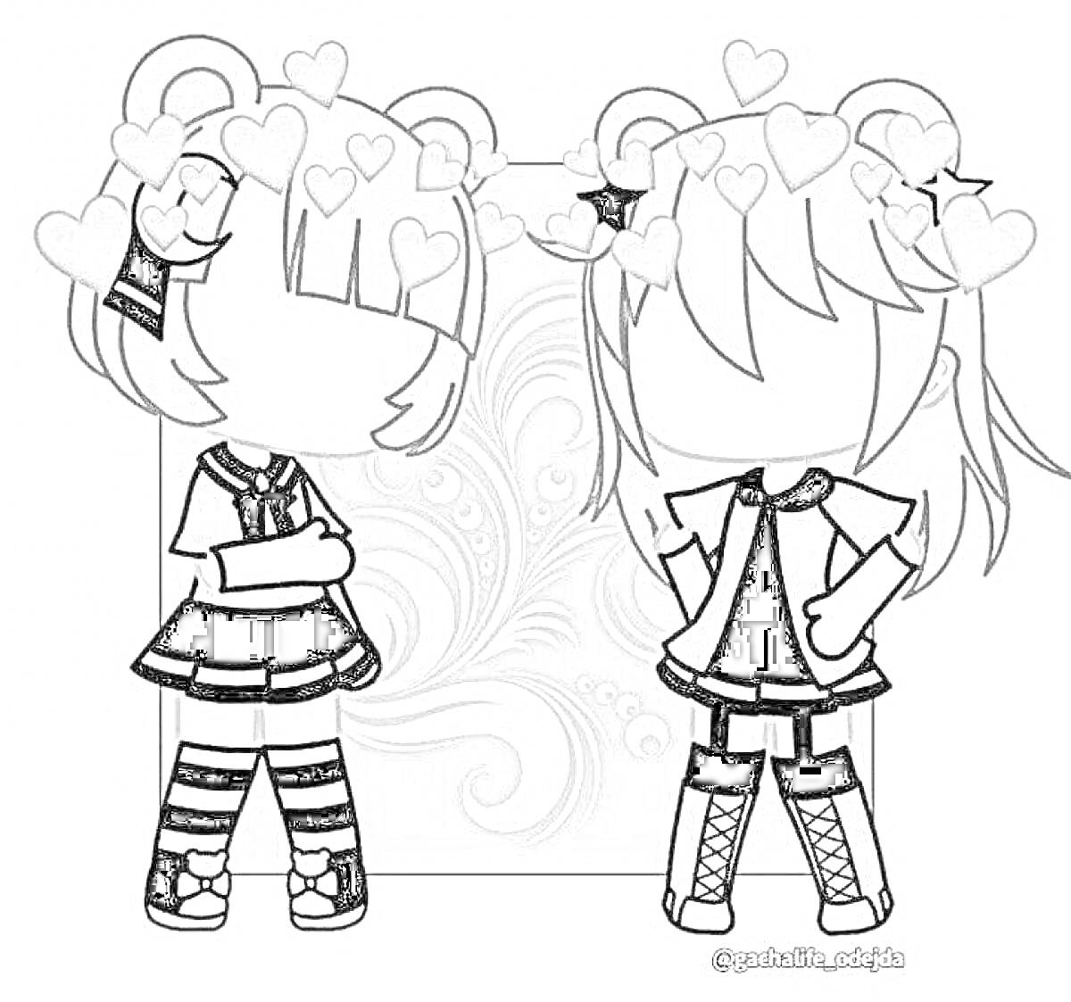 Раскраска Две персонажа Гача Клуб с сердечками на головах в модной одежде