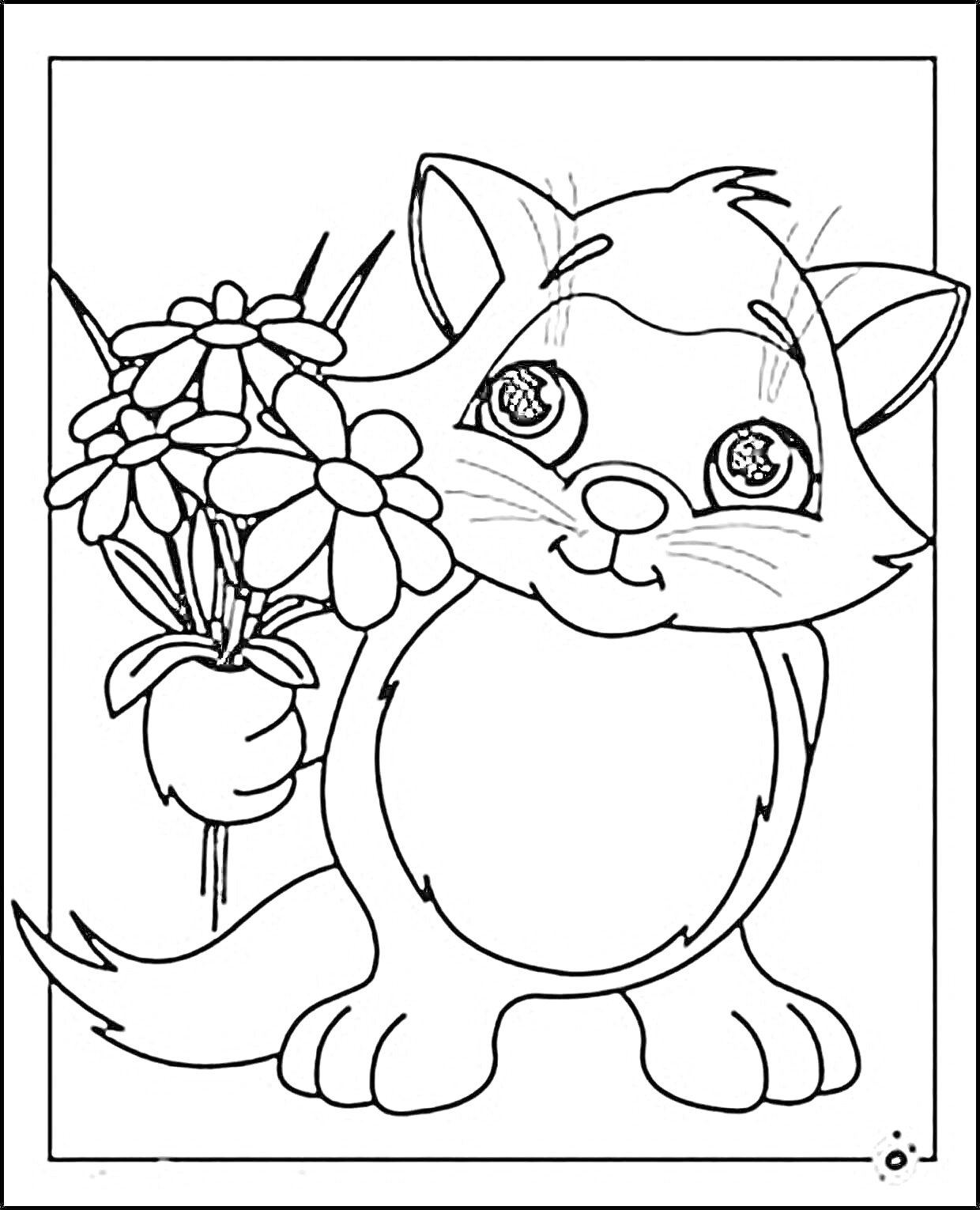 На раскраске изображено: Кот, Цветы, 8 марта, Международный женский день, Животные, Букет цветов, Милый кот, Поздравительная открытка
