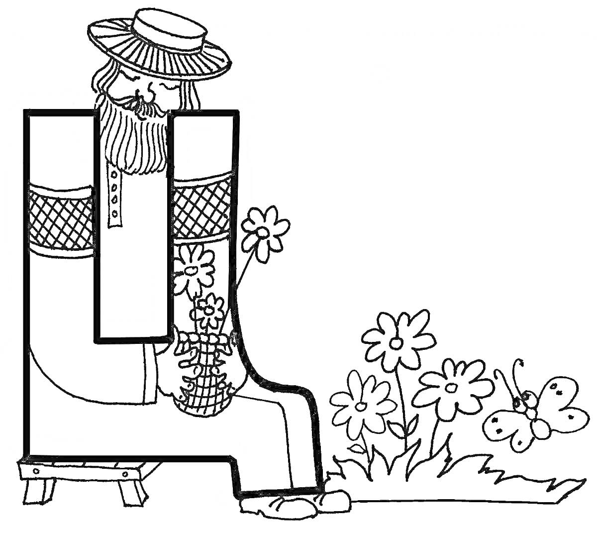 Раскраска Буква Ц с мужчиной с цветами, цветами на земле и бабочкой