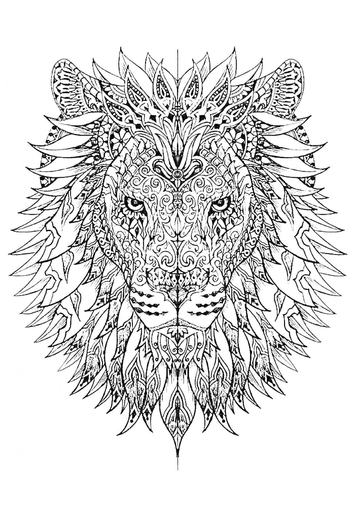 Рисунок головы льва с декоративными узорами и орнаментами