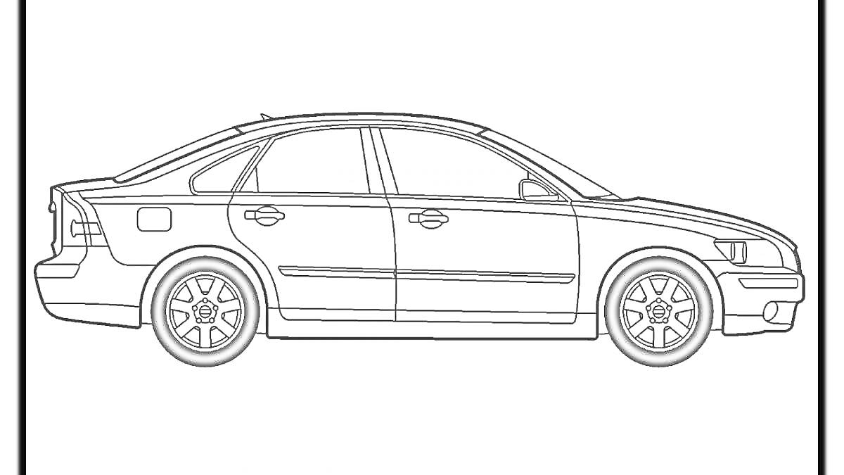 Раскраска Вольво легковой автомобиль, вид сбоку, седан, с пятью дверями, логотип на колесных дисках