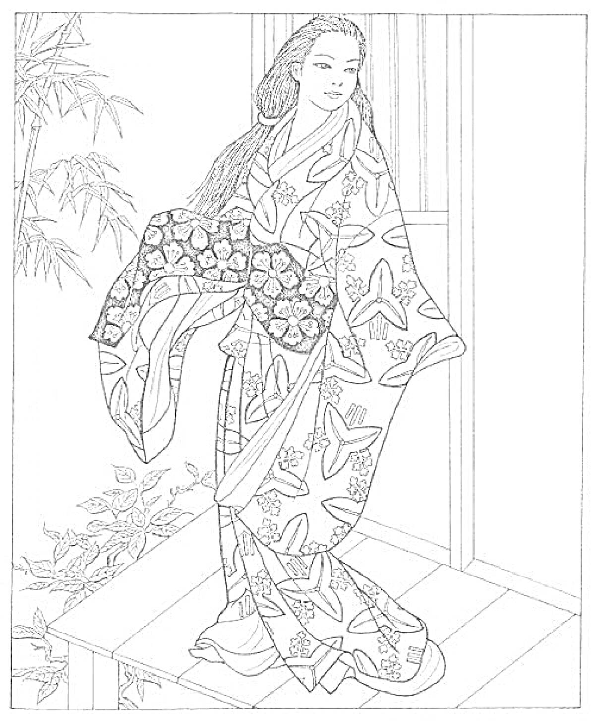 Раскраска Женщина в кимоно с цветочным рисунком, стоящая на террасе, на фоне бамбука и растений