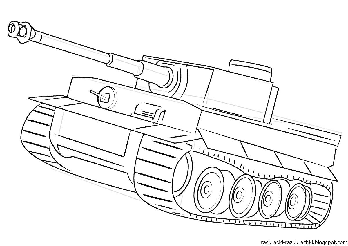 Раскраска Раскраска танка с длинным орудием, гусеницами и деталями корпуса