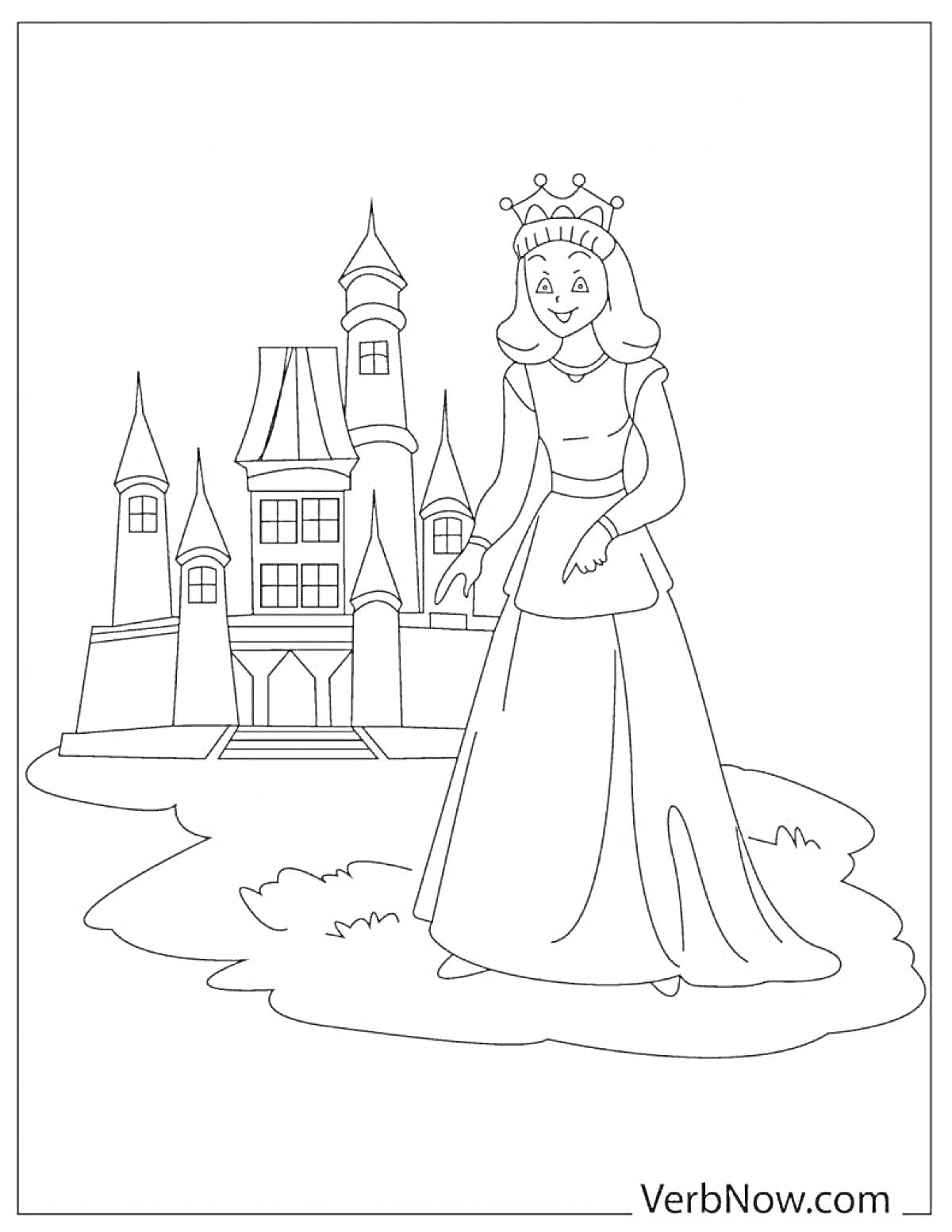На раскраске изображено: Принцесса, Дворец, Замок, Корона, Платье