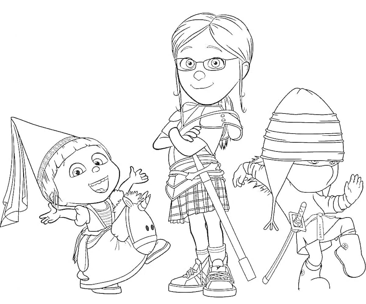 На раскраске изображено: Девочка, Мальчик, Очки, Шляпа, Метла, Платье