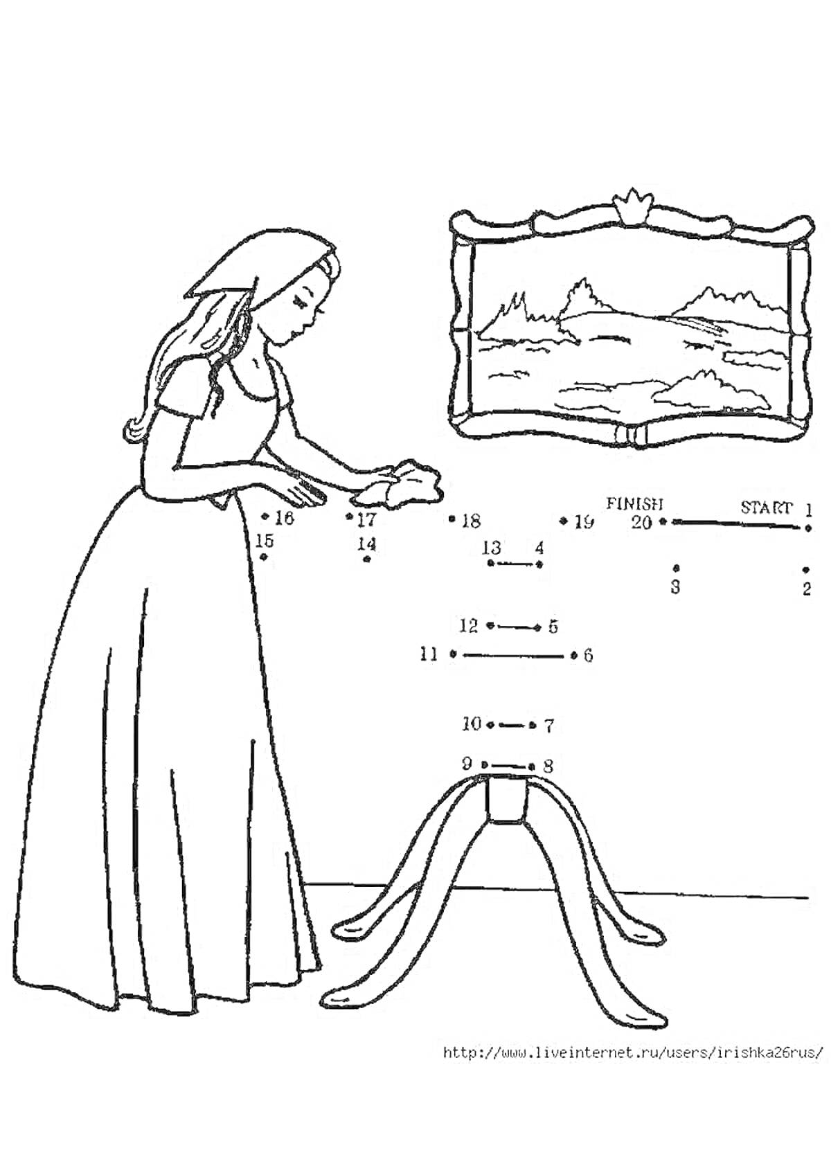 Раскраска Женщина, столик и картина, соединение точек мебели