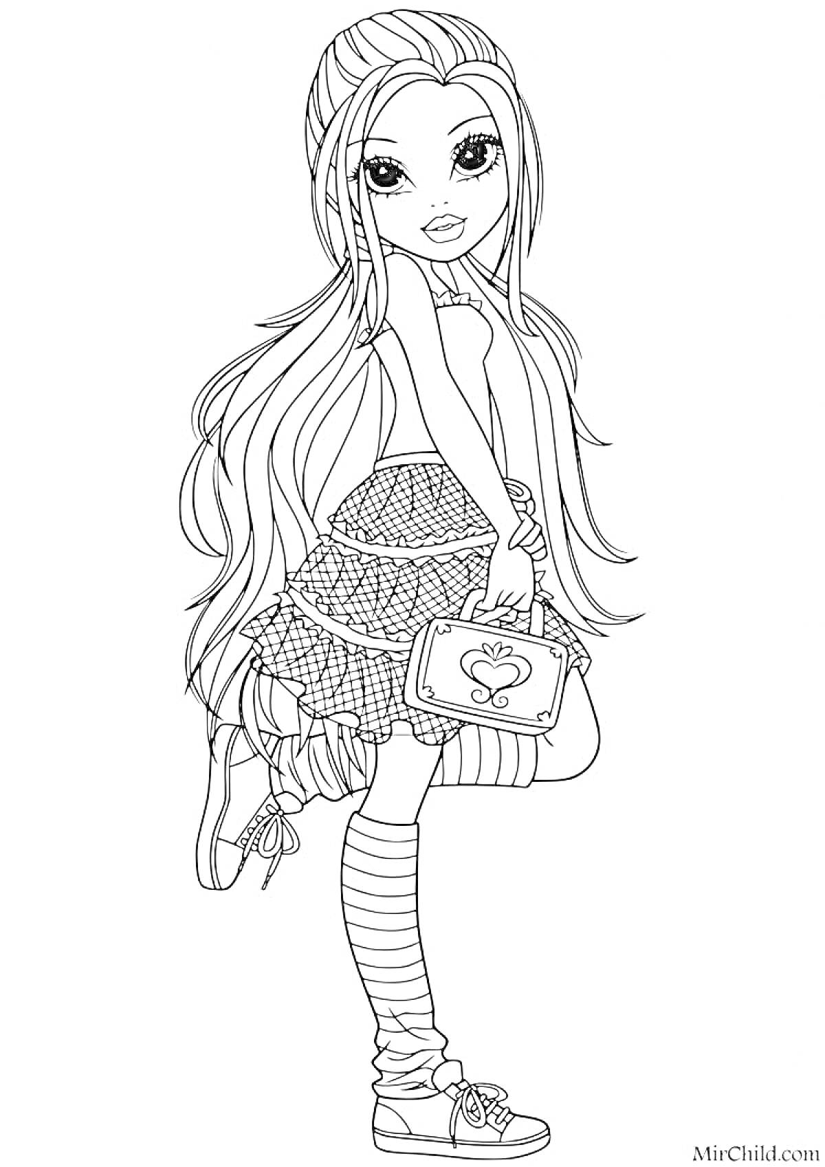 Раскраска Девочка с длинными волосами, юбкой и сумочкой