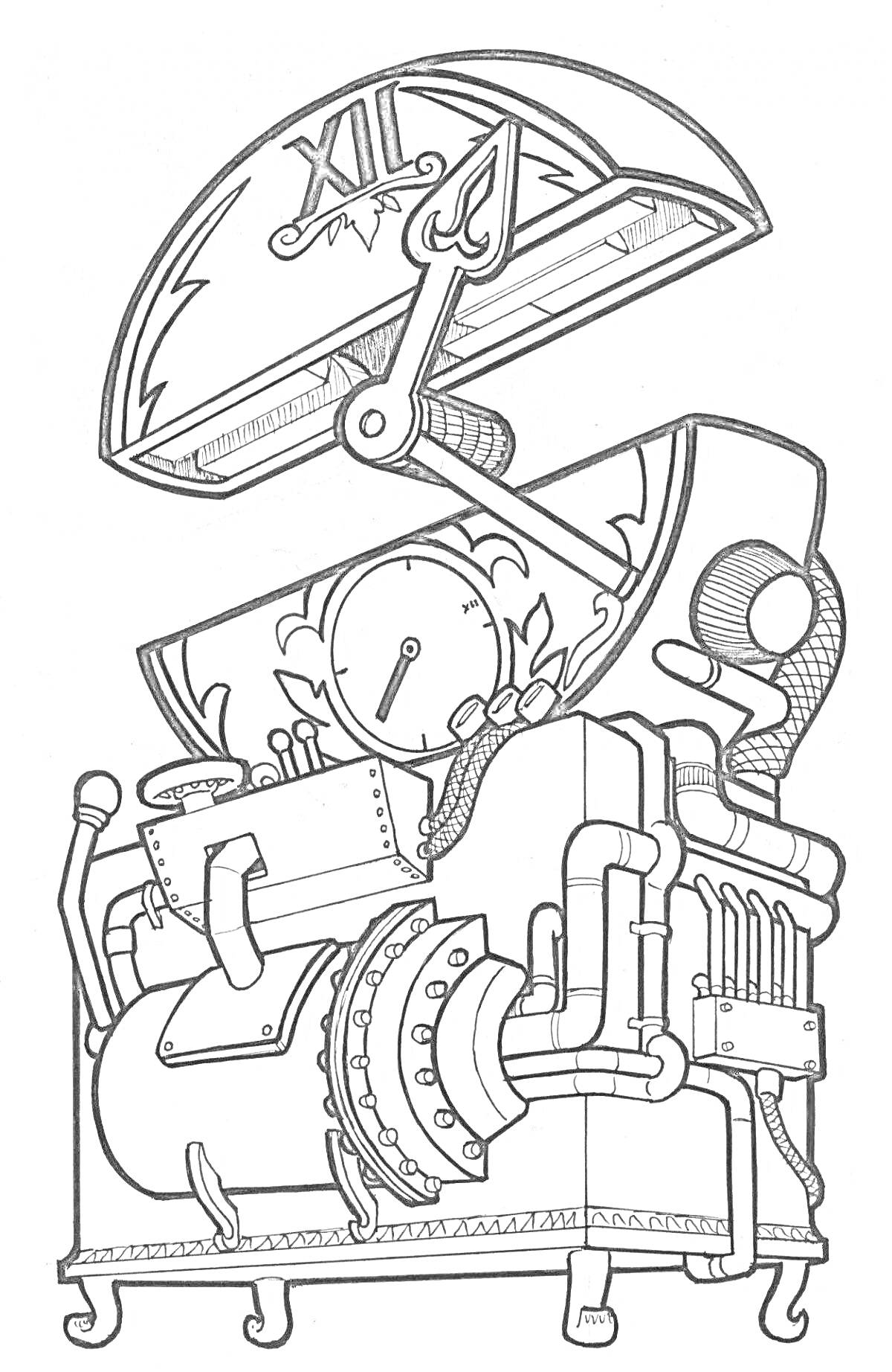 Раскраска Машина времени с часами, трубками и механизмами