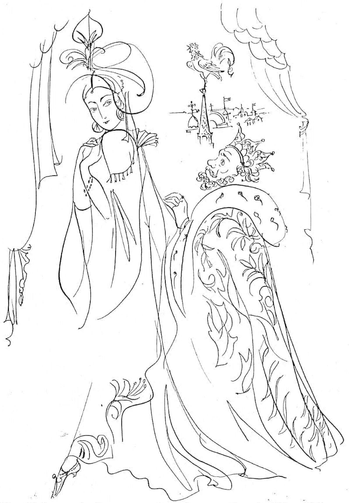 Раскраска Королева с зеркалом, золотой петушок, завеса