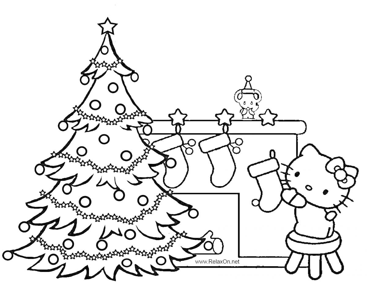 На раскраске изображено: Новогодние игрушки, Камин, Носки, Звезды, Гирлянда, Елки, Кот