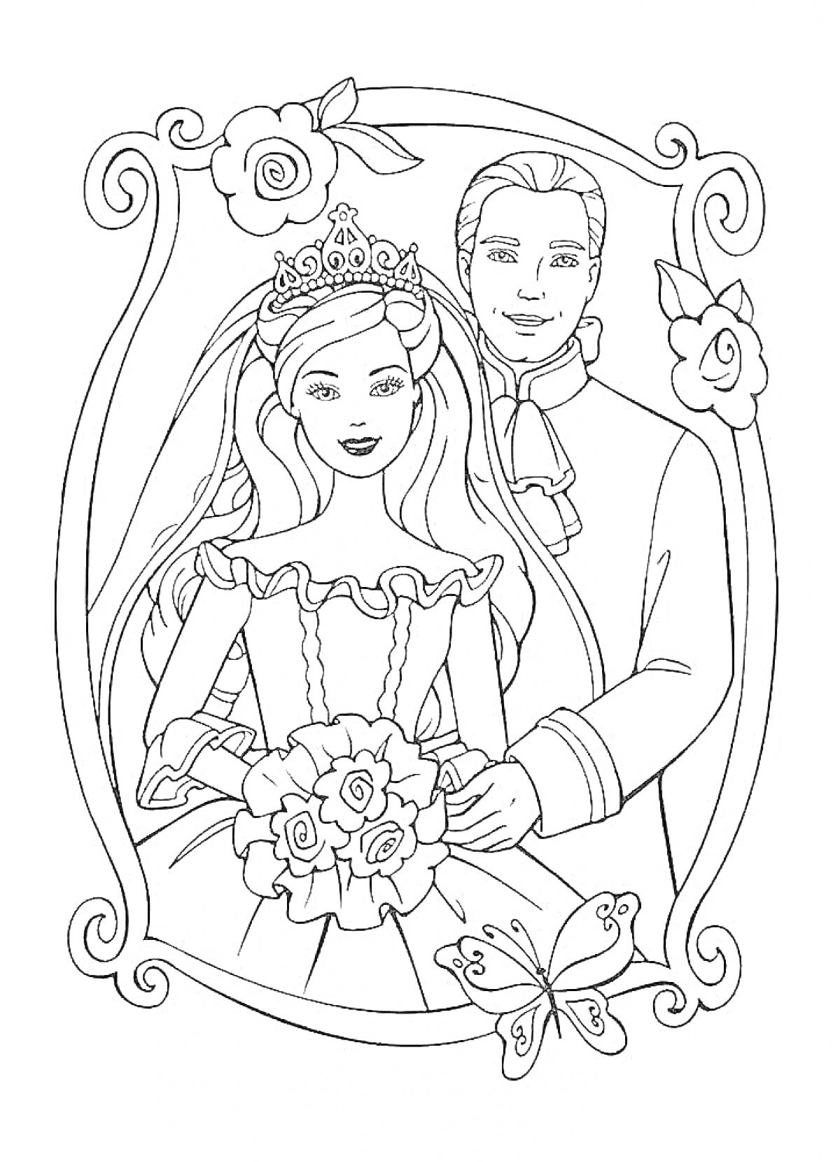 На раскраске изображено: Невеста, Жених, Свадьба, Свадебное платье, Цветы, Бабочка