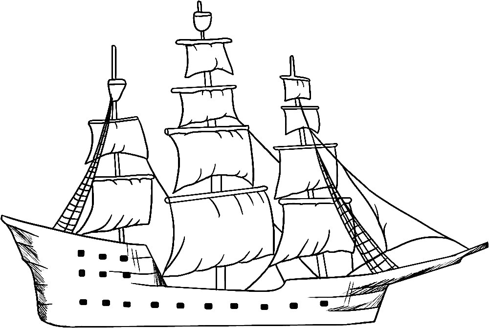 Раскраска Корабль с тремя мачтами, парусами и иллюминаторами