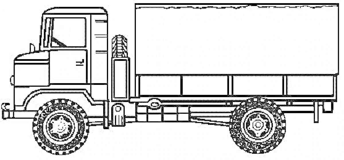 На раскраске изображено: Военный транспорт, Запасное колесо, Кузов