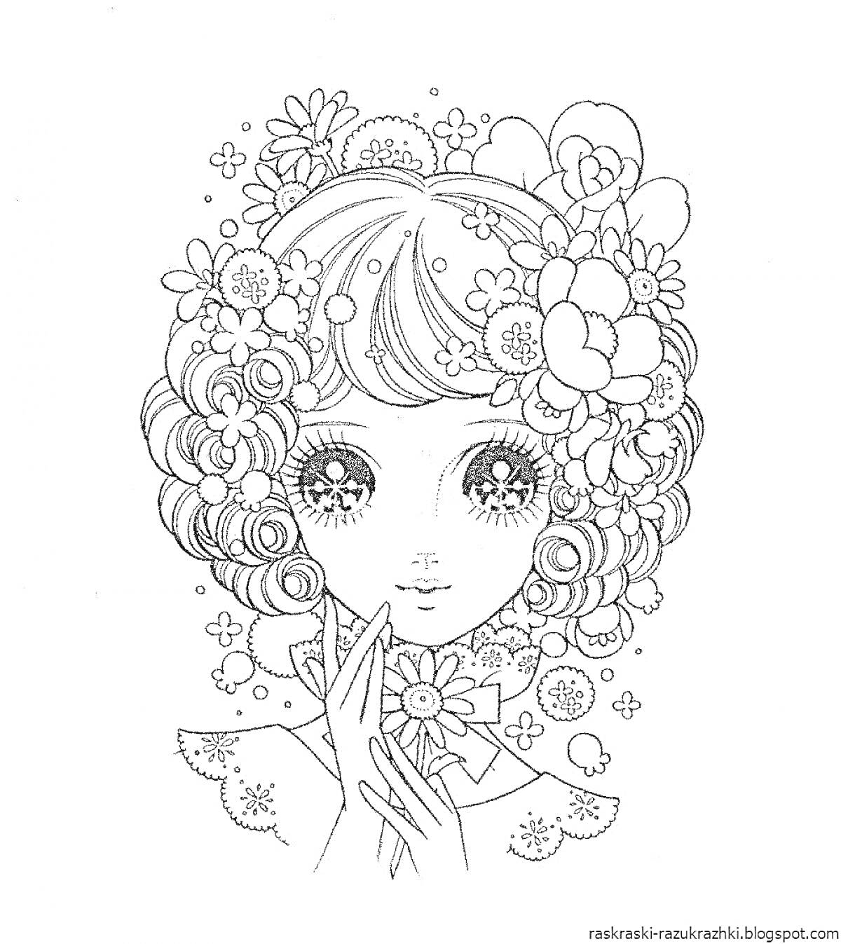 Раскраска Девушка с кудрявыми волосами и цветами