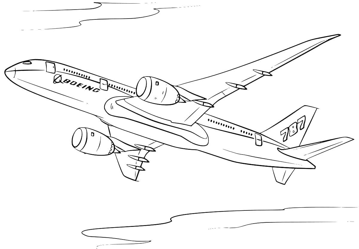 На раскраске изображено: Авиалайнер, Крылья, Хвост, Воздух, Небо, Облака, Иллюстрация, Транспорт