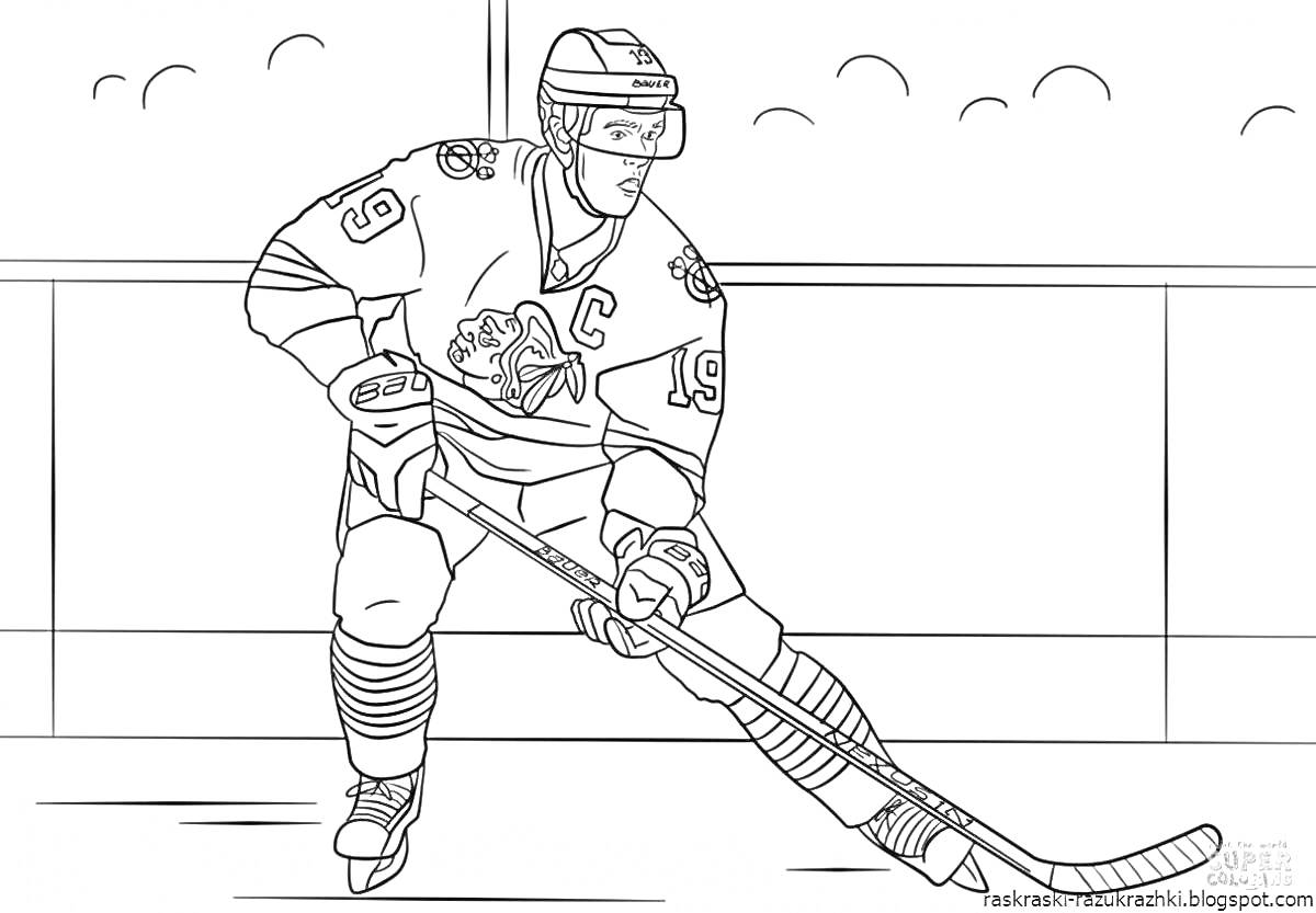Раскраска Хоккеист на льду с клюшкой, в экипировке с номером 19 и буквой 