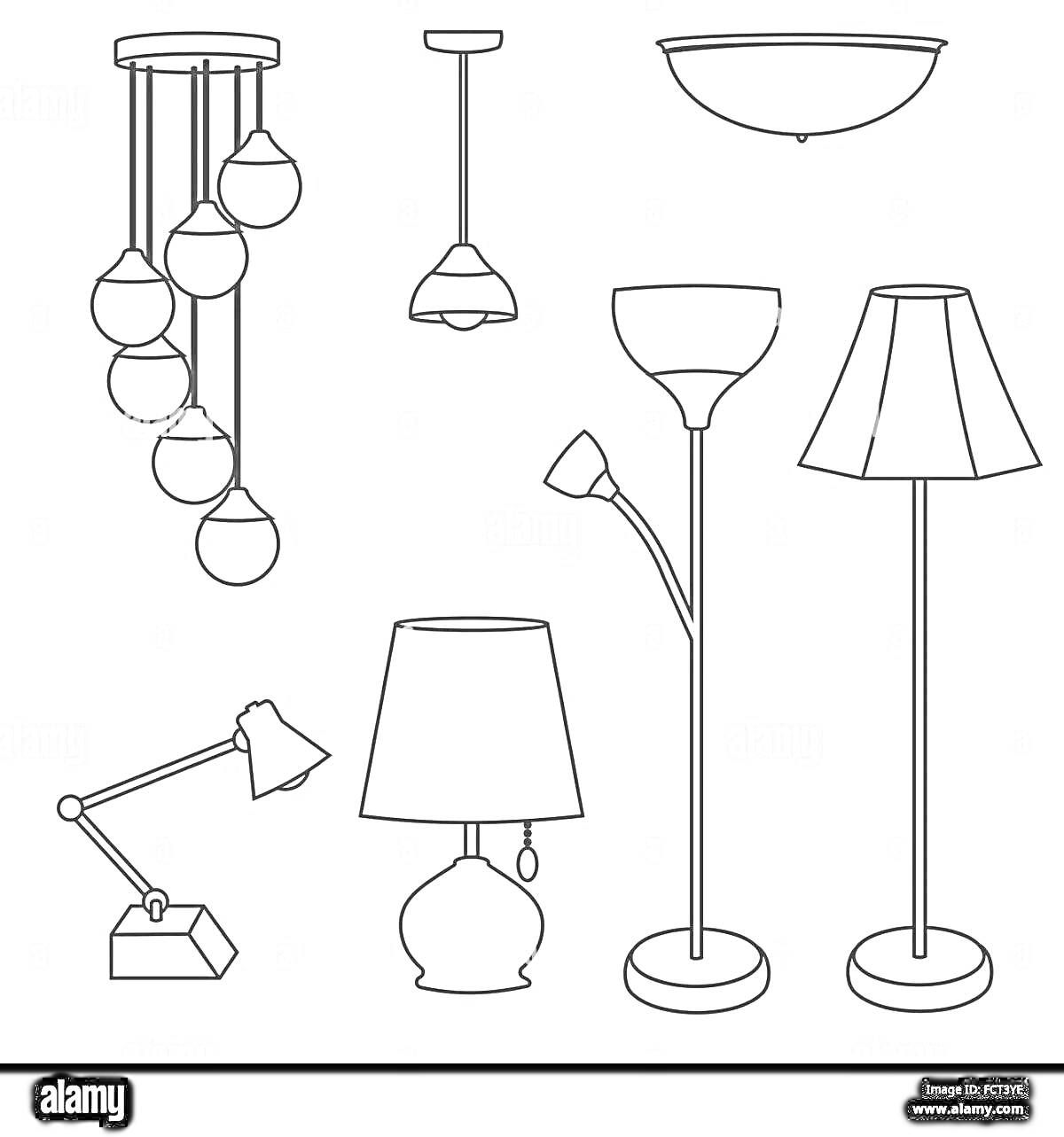 Раскраска Различные виды осветительных приборов: подвесные люстры с шарообразными плафонами, потолочные светильники, настольная лампа с абажуром, настольная лампа на регулируемом держателе, торшер с двумя лампами, торшер с текстильным абажуром