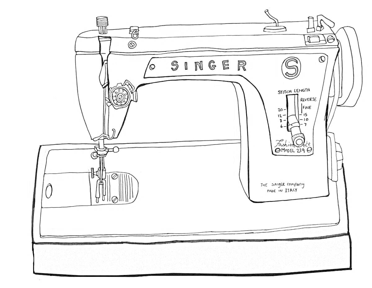 На раскраске изображено: Швейная машина, Ткань, Шитье, Бытовая техника