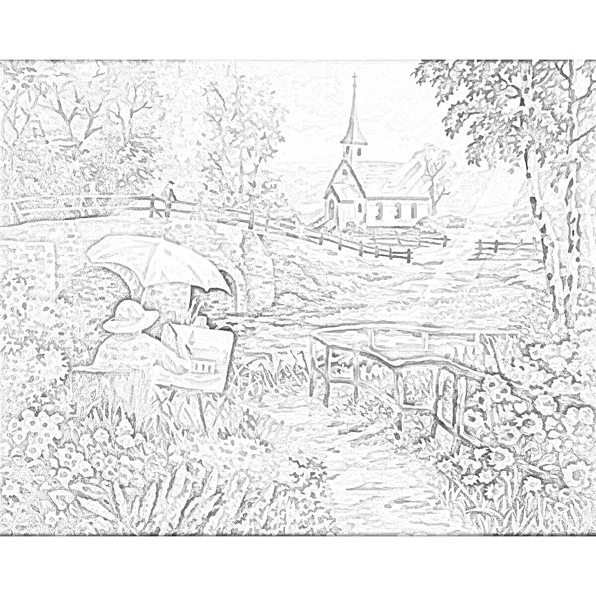 Раскраска Пейзаж с деревенской церковью, мостом и художником в саду