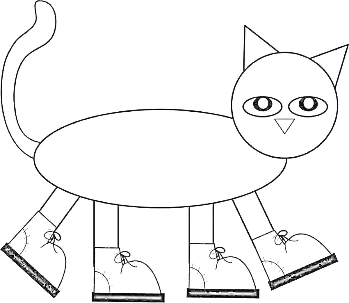 Раскраска Кошка в ботинках с четырьмя лапами, хвостом и треугольным носом