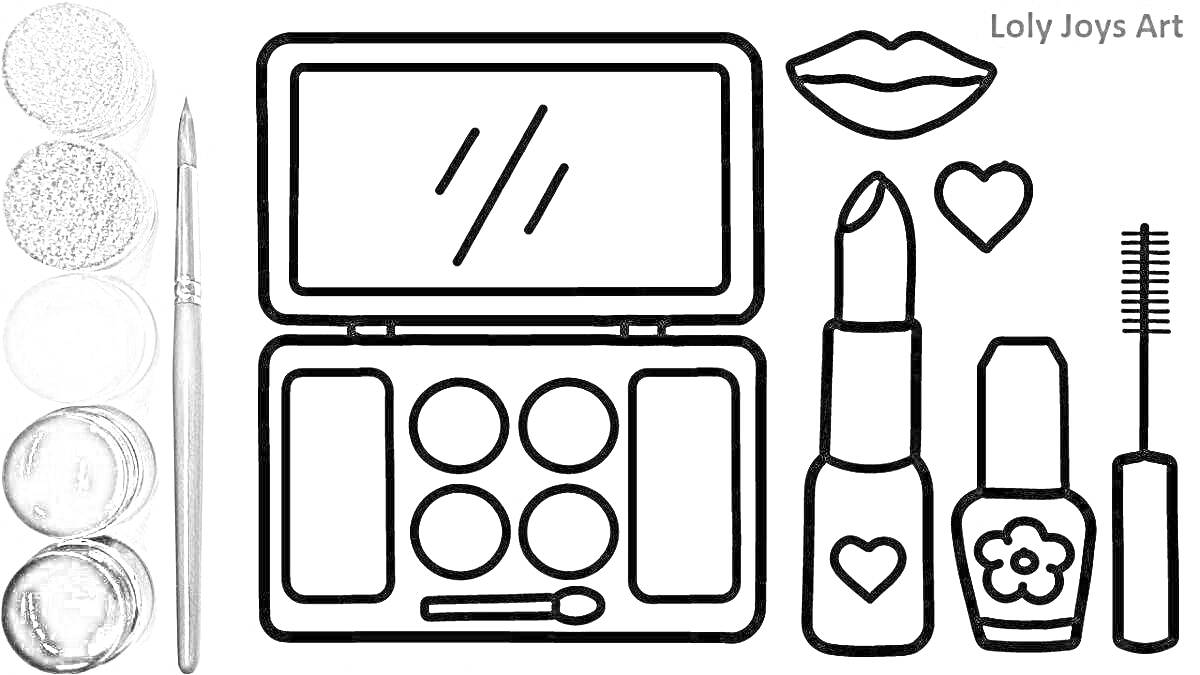 Раскраска косметика (зеркало, губы, две сердечки, помада, лака для ногтей, кисточка для ресниц)