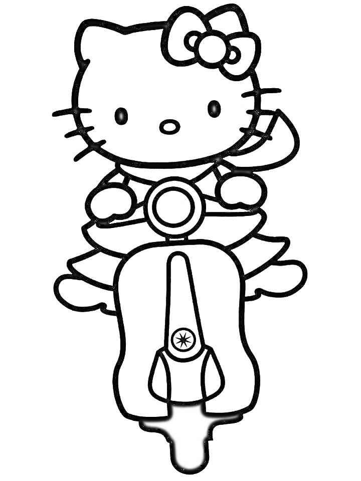 Раскраска Китти на скутере с бантиком и шарфиком