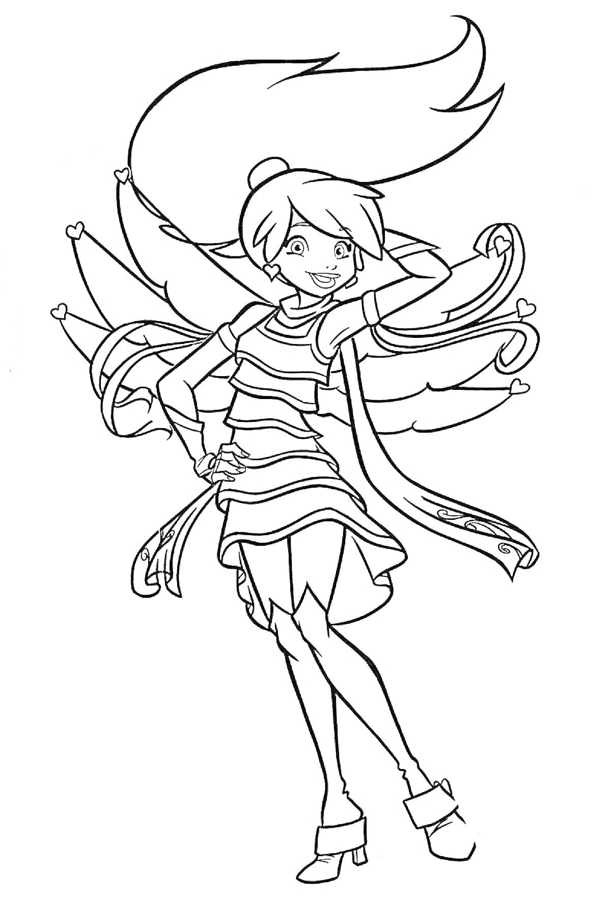 Раскраска Девочка-ангел с крыльями, стоящая в уверенной позе с развевающимися волосами