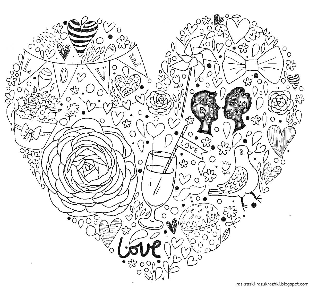 Раскраска Сердце с цветами, лентами, бокалом коктейля, парой силуэтов, птицей и надписью 