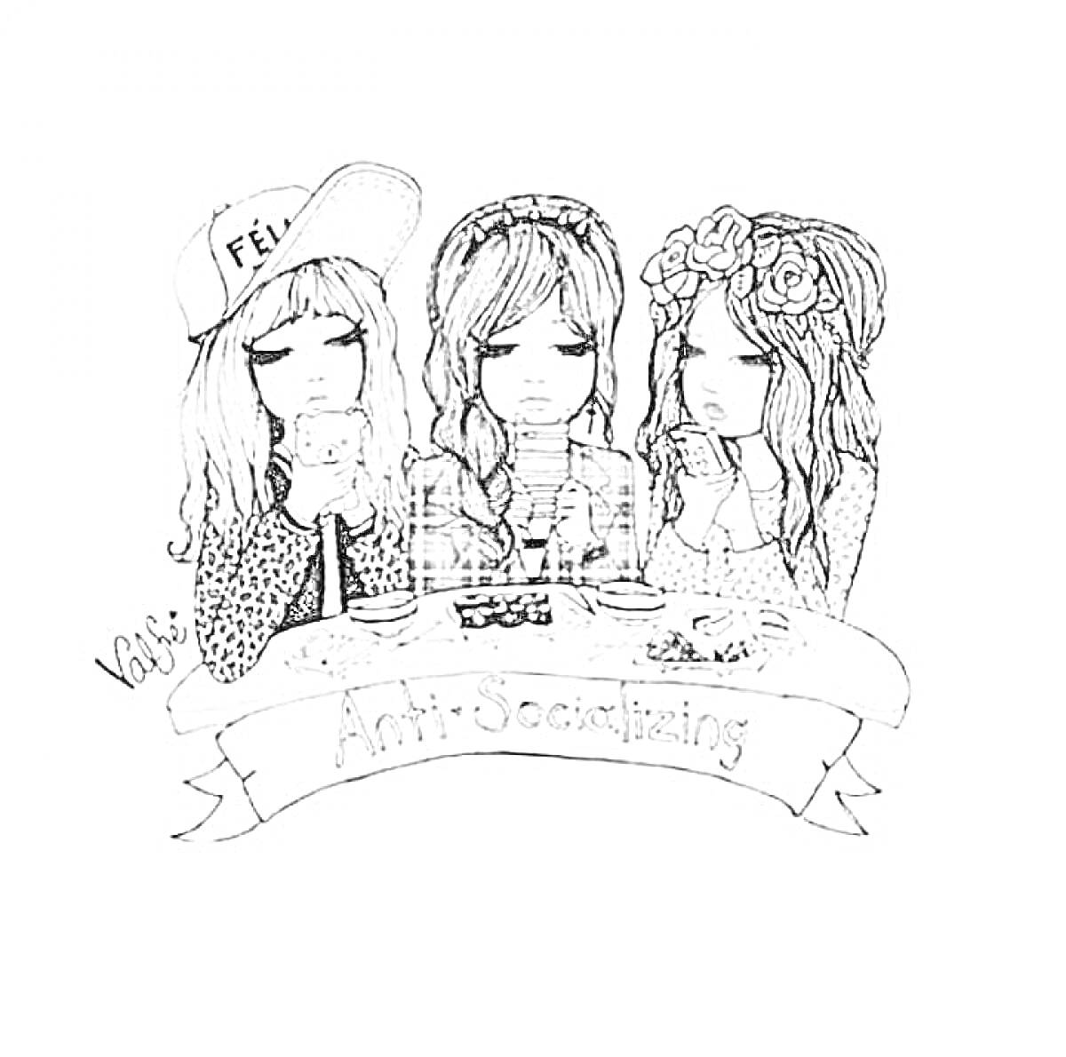 Раскраска Три девушки за столом, одетые в разные стили, с телефонами и чашками, надпись 