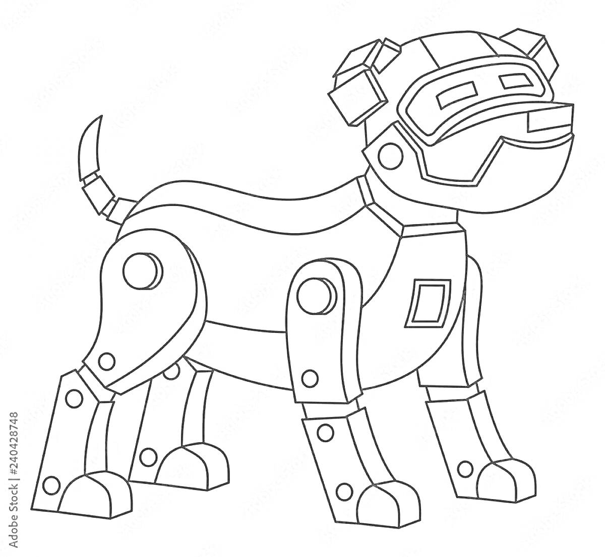 На раскраске изображено: Собака, Робот, Техника, Робототехника, Механика, Панели управления, Суставы, Хвост, Голова, Задняя часть