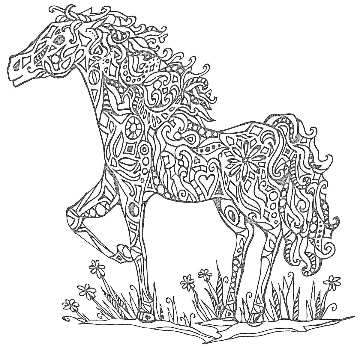 На раскраске изображено: Лошадь, Антистресс, Узоры, Трава, Цветы, Животные, Контурные рисунки