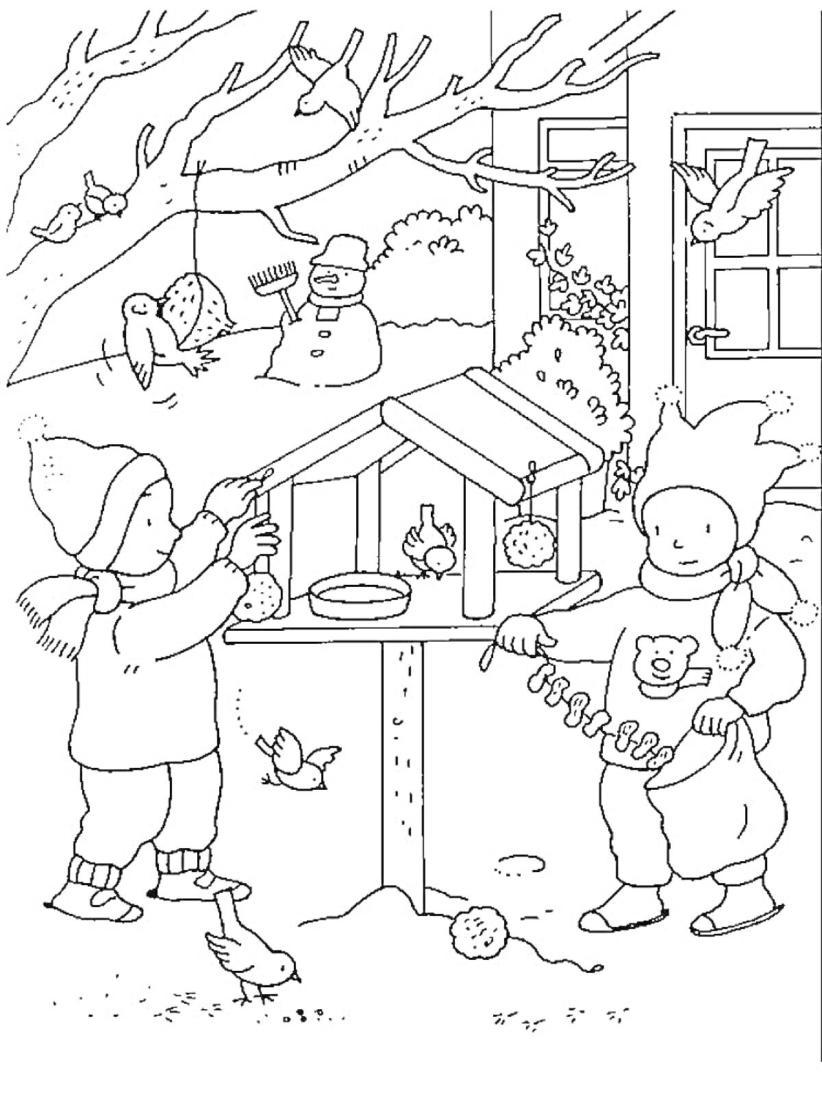 Раскраска дети возле кормушки для птиц, кормление птиц зимой, птицы и снежная фигура из снега