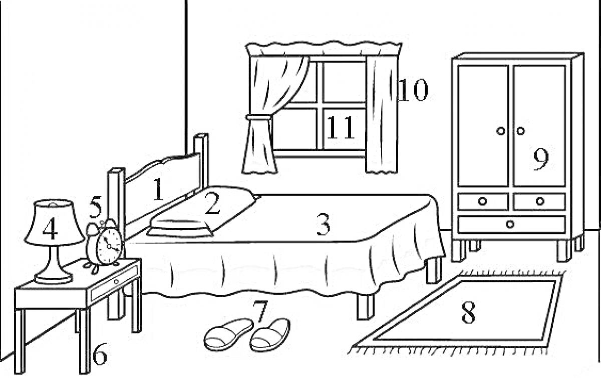 Раскраска Спальня для детей с кроватью, подушкой, одеялом, лампой, будильником, тумбочкой, тапочками, ковриком, шкафом, занавеской и окном