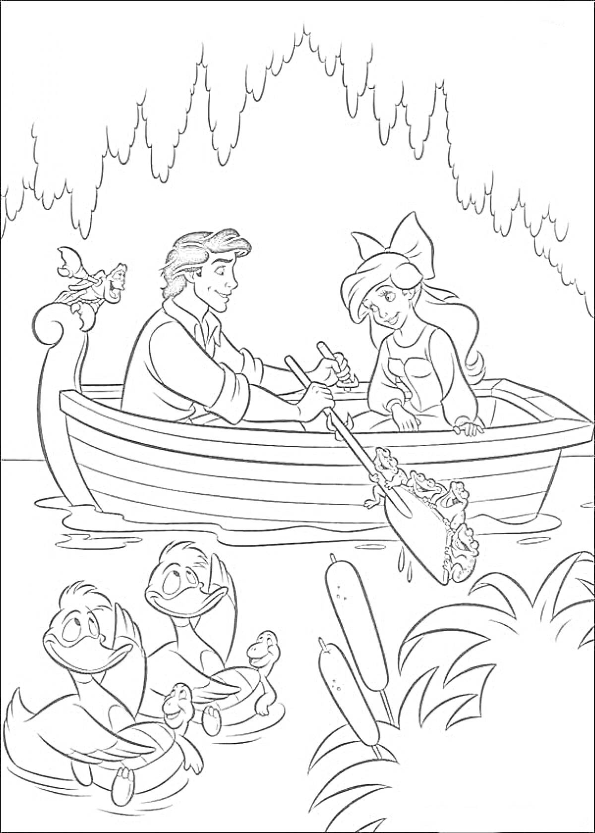 Раскраска Ариэль и принц Эрик в лодке с птицей и утками, плавающими рядом с камышами