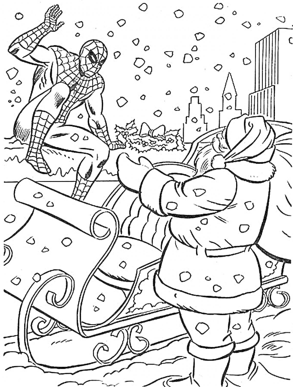 Раскраска Человек-Паук и Санта-Клаус возле саней на фоне города, падает снег