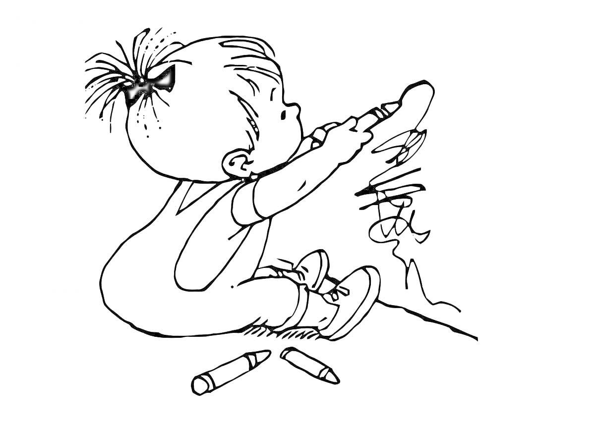 Раскраска Ребенок с хвостиком рисует на стене восковыми мелками