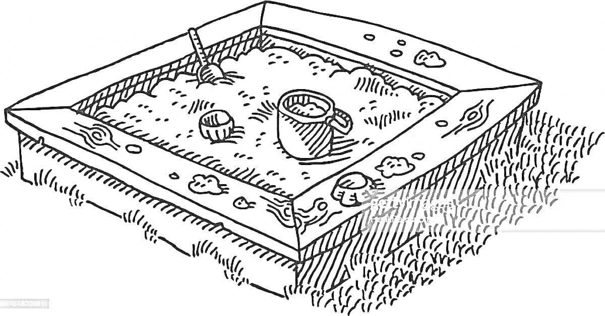 На раскраске изображено: Песочница, Ведёрко, Песок, Трава, Игры на улице