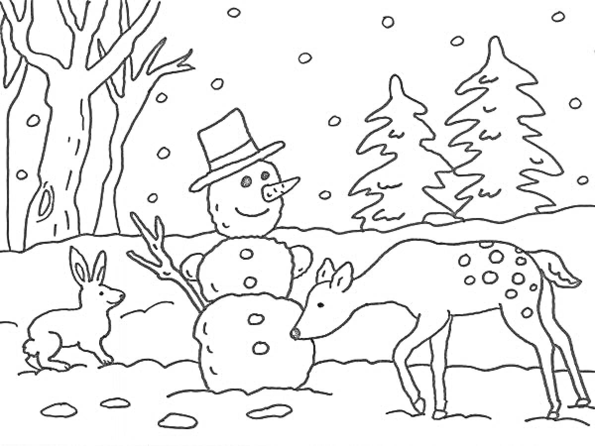Раскраска Снеговик, заяц и олень в зимнем лесу с деревьями и падающим снегом