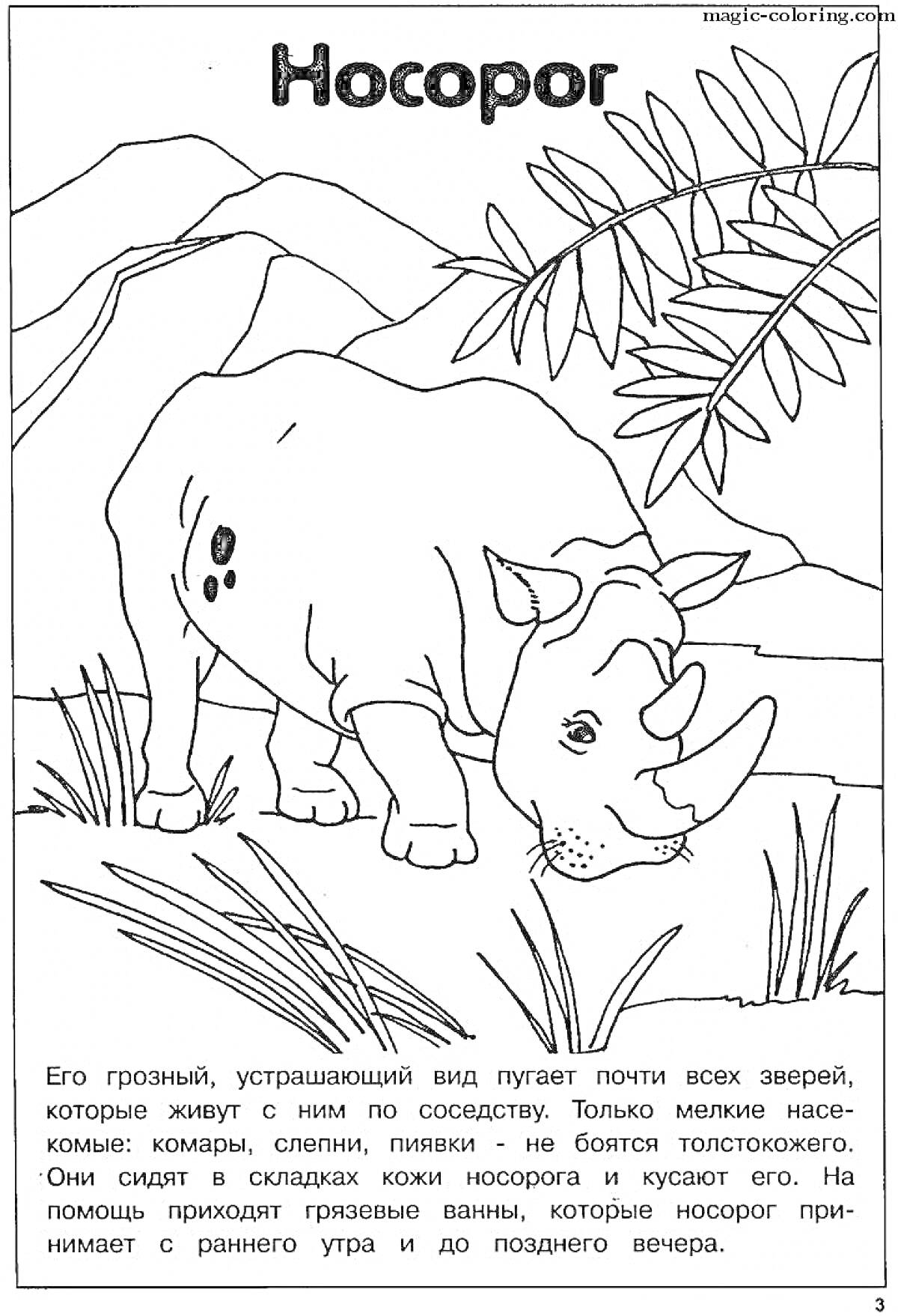 Раскраска Носорог рядом с растительностью и холмами на заднем плане.