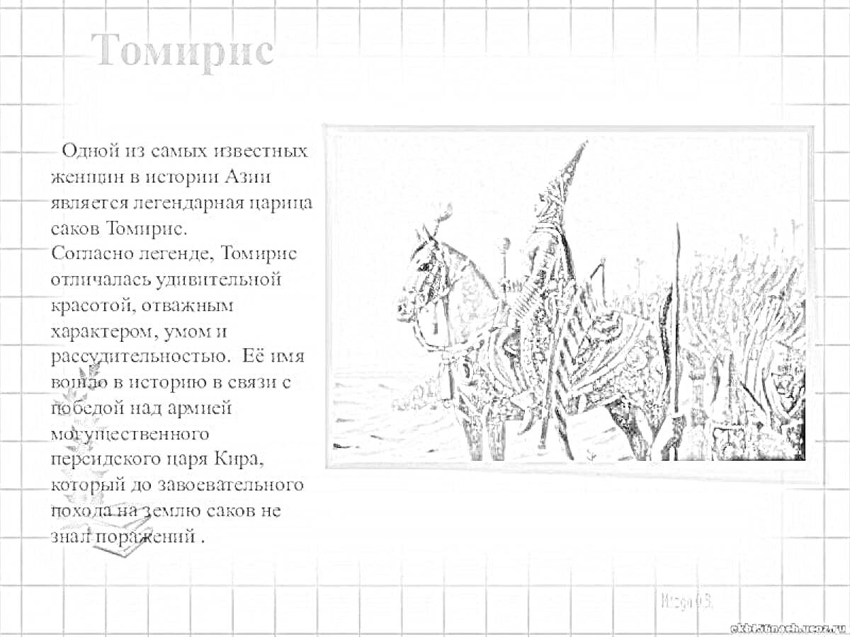 На раскраске изображено: Томирис, Царица, Войско, Легенда, Воин, Азия