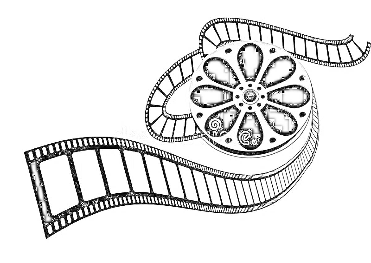 На раскраске изображено: Кинолента, Катушка, Плёнка, Кино, Фильм, Киноискусство, Ретро