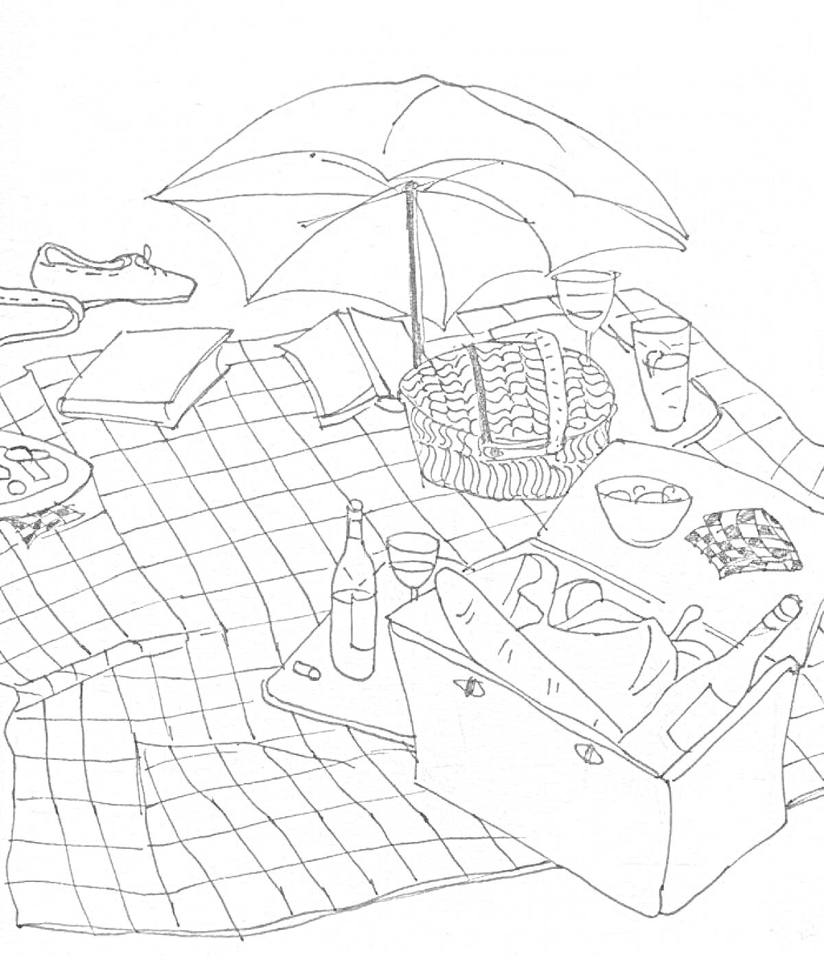 Раскраска Пикник с зонтом, корзиной, бутылками, очками, стаканами, подушками, едой и пледом