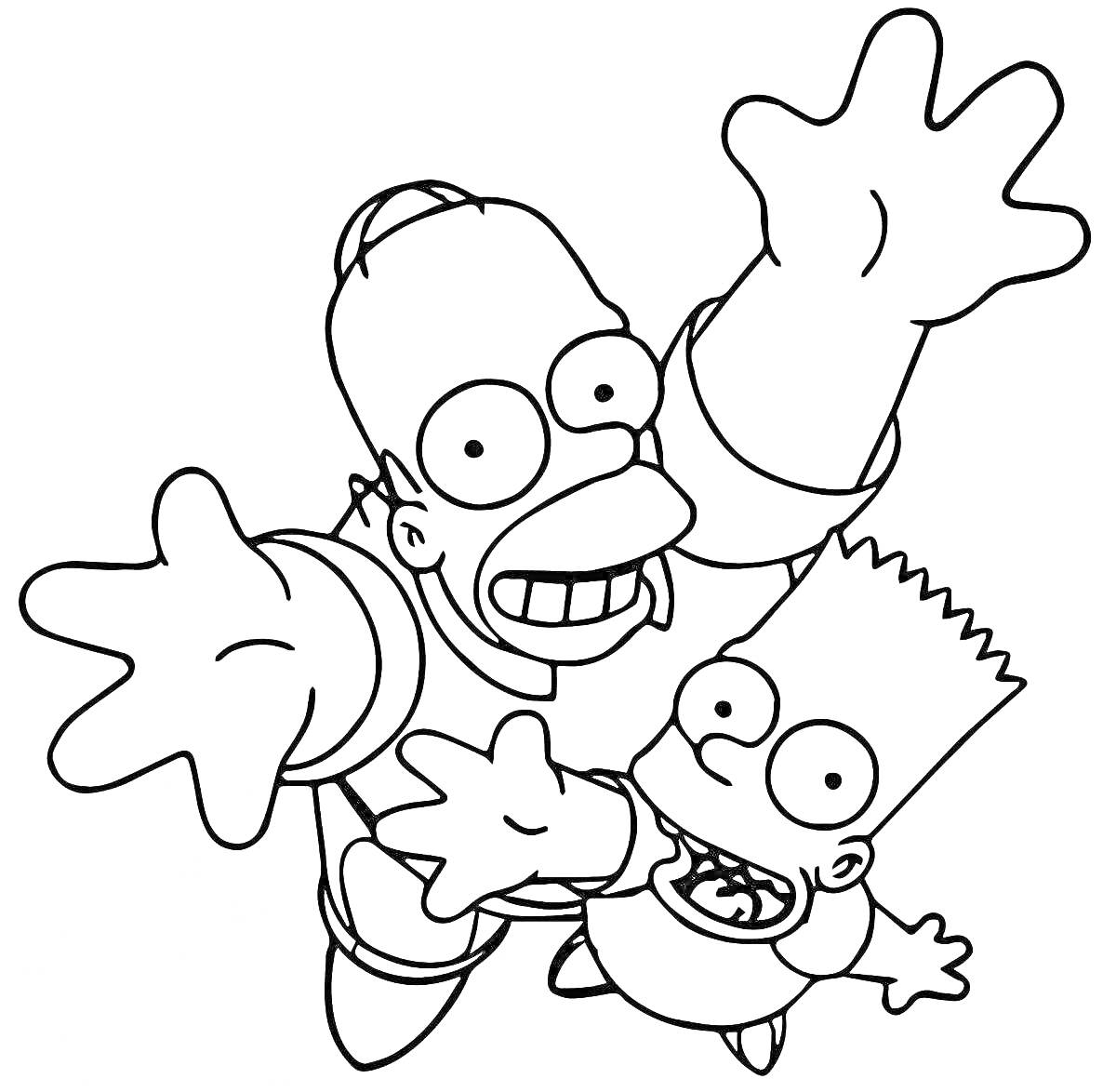 На раскраске изображено: Гомер, Барт, Симпсоны, Семья, Руки вверх