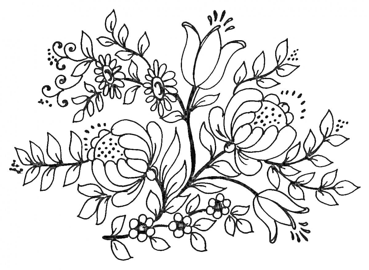 Раскраска Цветочная композиция с тюльпаном, ромашками и листьями