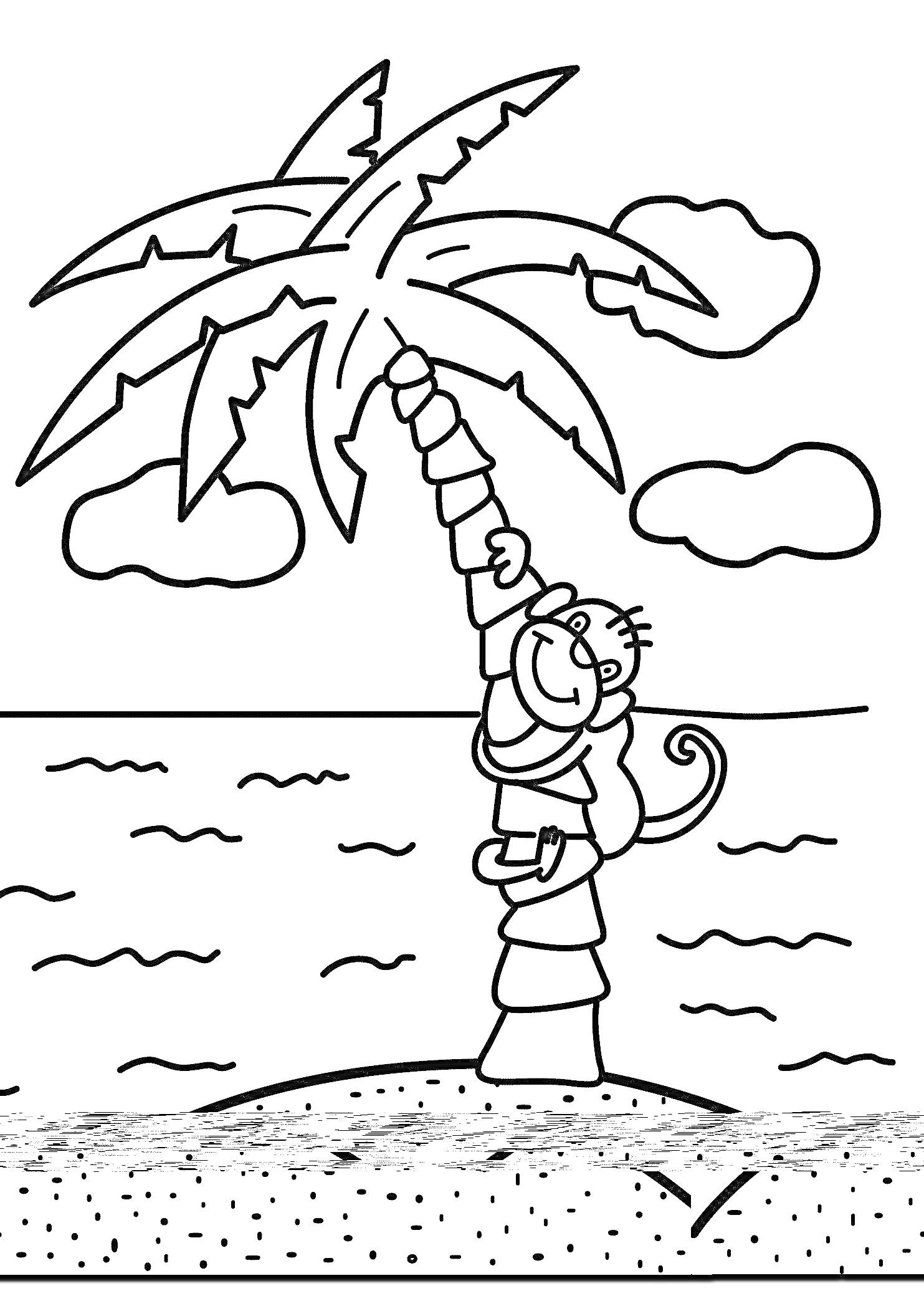 Раскраска Обезьянка на пальме у моря