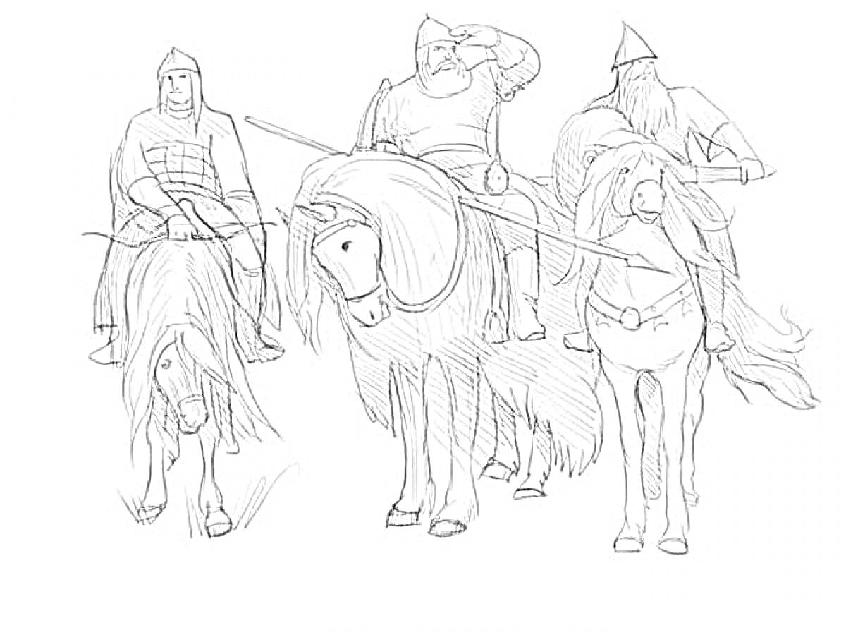 Раскраска Илья Муромец и его спутники на лошадях