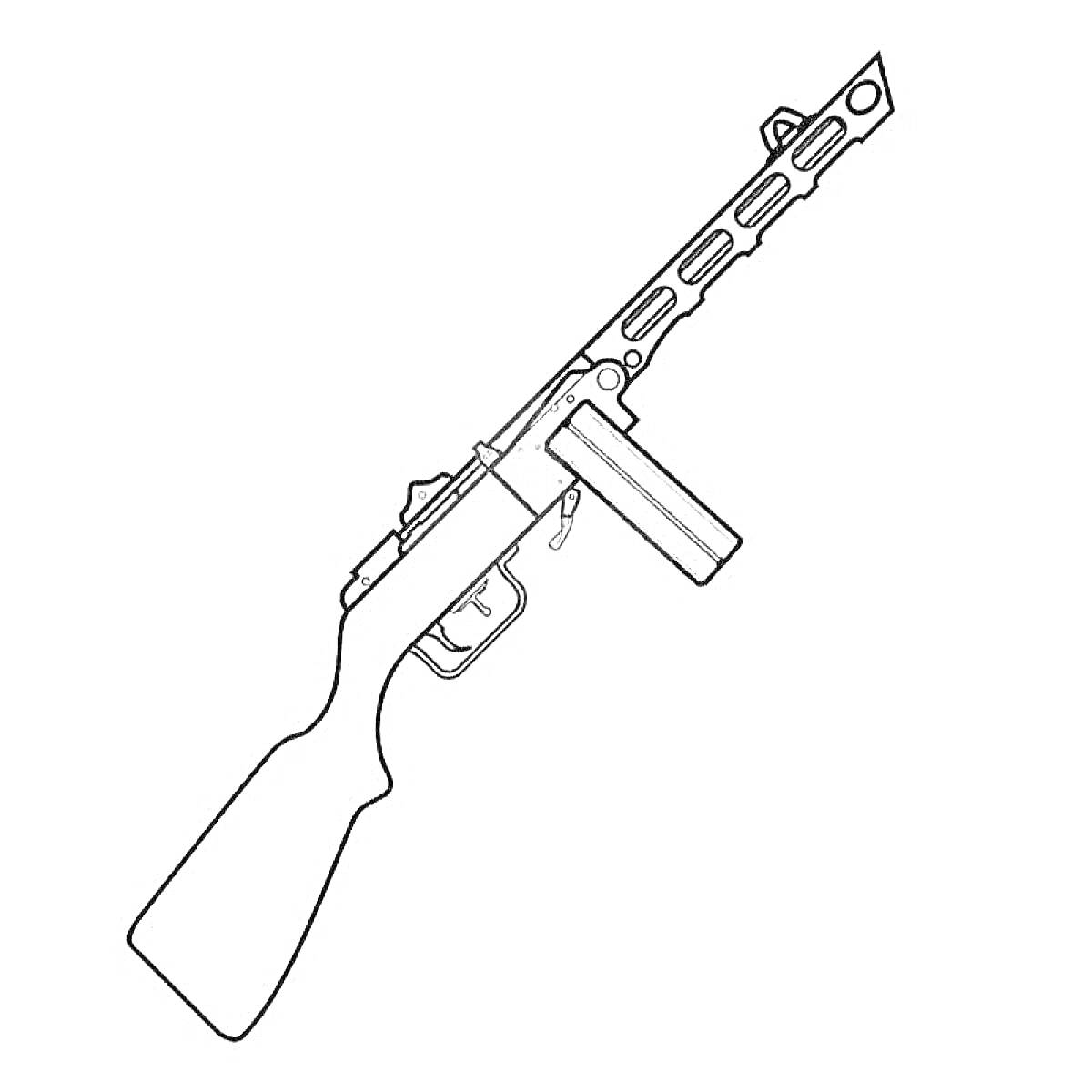 На раскраске изображено: Ппш, Пистолет-пулемет, Оружие, Магазин