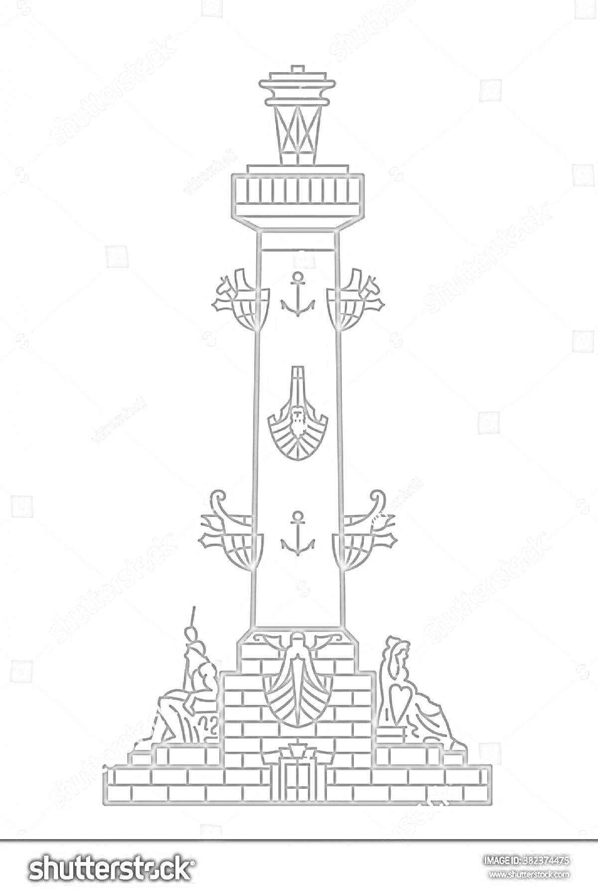 Раскраска Ростральная колонна с якорями и статуями в основании