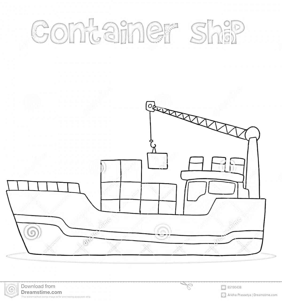 На раскраске изображено: Контейнеровоз, Корабль, Контейнер, Кран, Море, Транспорт, Судно